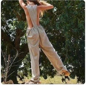 Free People FP Beach Lets Chill Wide Leg Relaxed Jumpsuit In Dried Palm